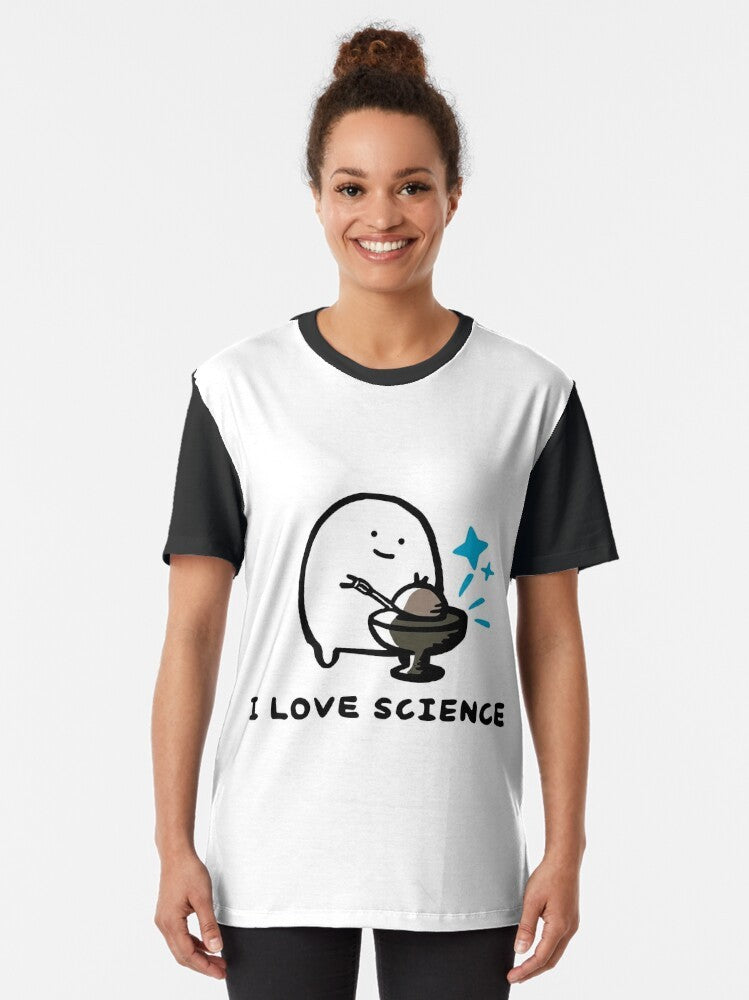 Graphic t-shirt with "I Love Science - Demon Core" design, featuring blue radiation sparks and nuclear elements. - Women