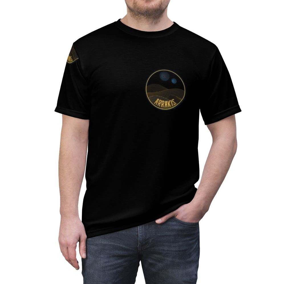 AOP t-shirt featuring a line art landscape design of the desert planet Arrakis from the Dune franchise - men front