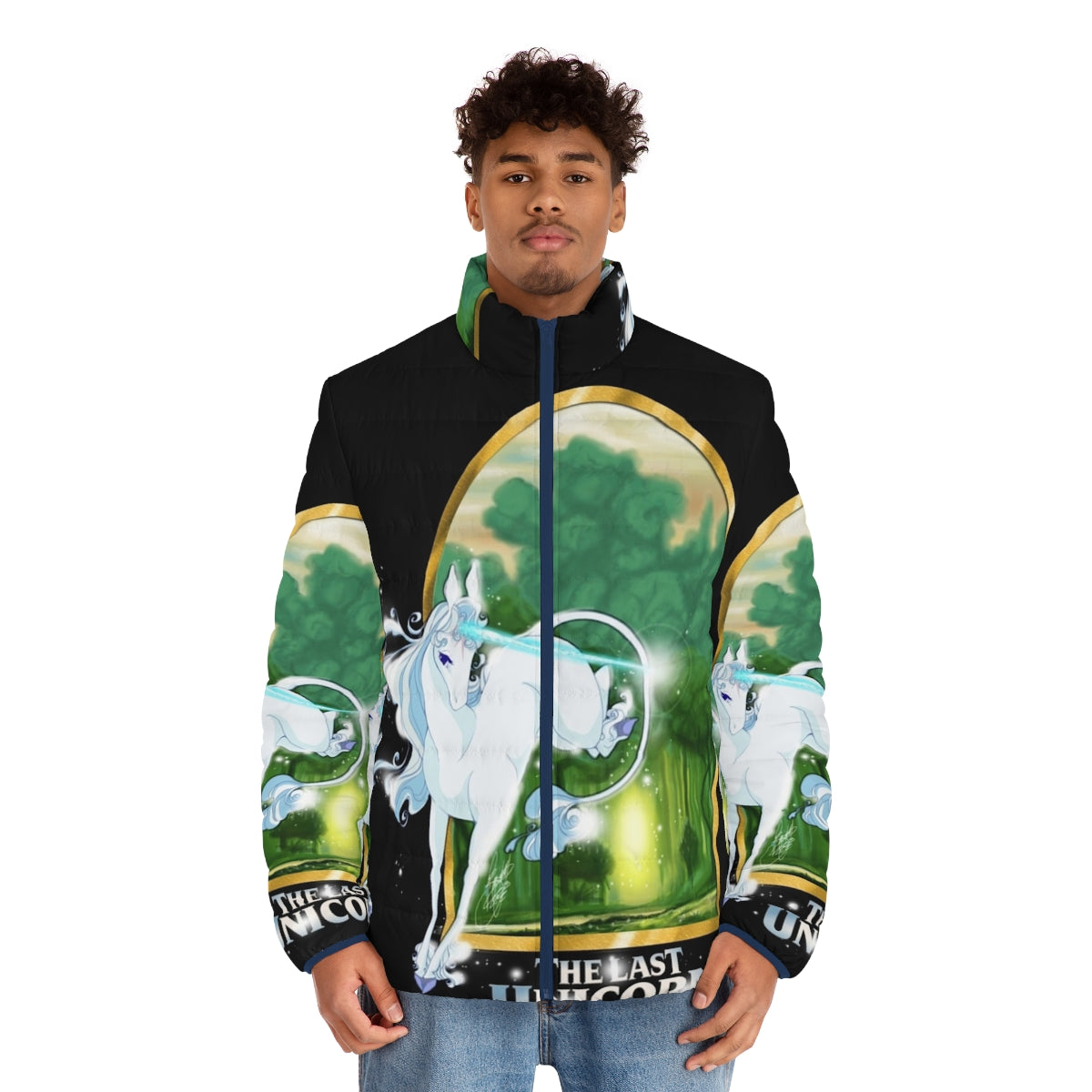 "The Last Unicorn" themed puffer jacket featuring a unicorn design - men front