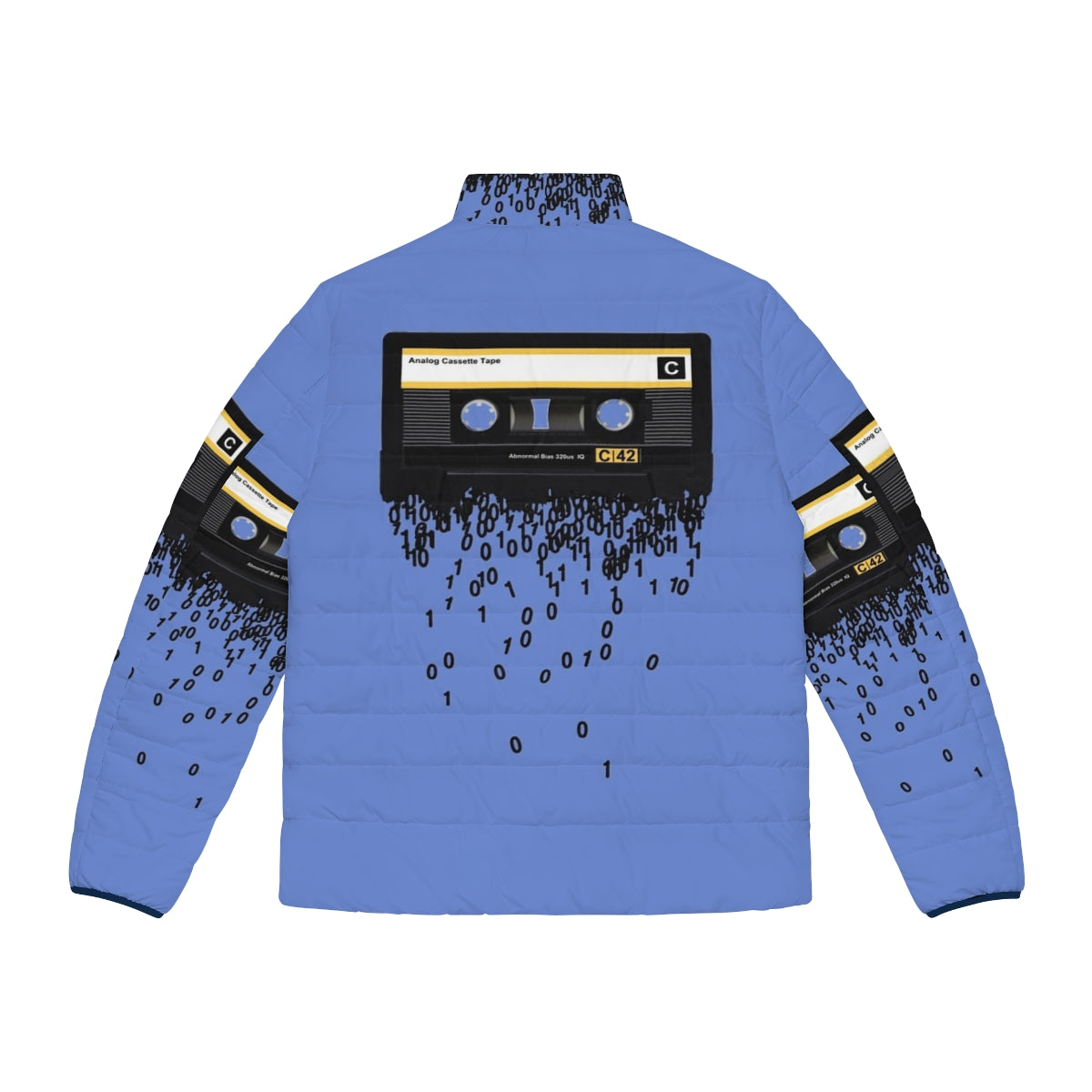 A puffer jacket featuring a vintage cassette tape design, perfect for music lovers and retro enthusiasts. - Back