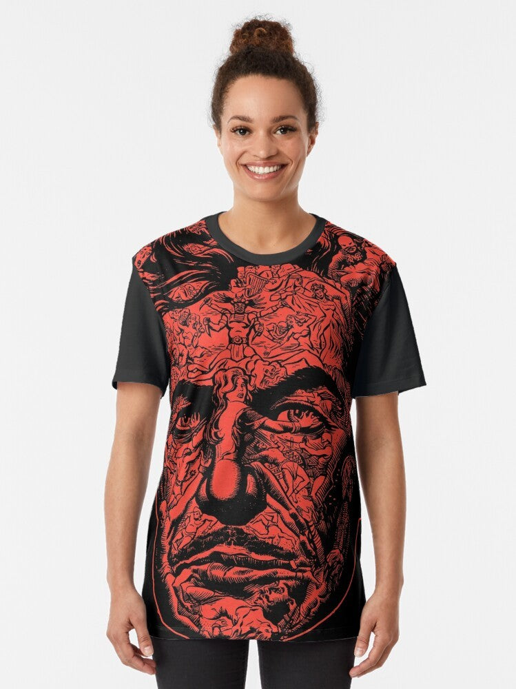 A red graphic t-shirt featuring "The Red Death" design, inspired by the classic horror story and Vincent Price's character. - Women