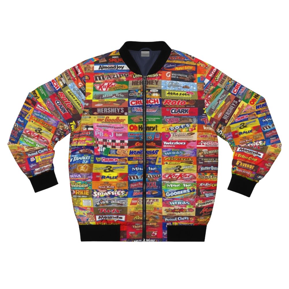 Candy Wrappers Bomber Jacket, featuring a colorful design of various candy wrappers