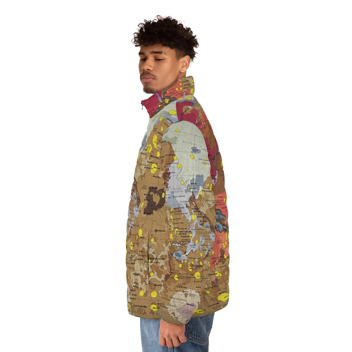 Puffer jacket featuring a detailed map of the geology and topography of the planet Mars - men side left