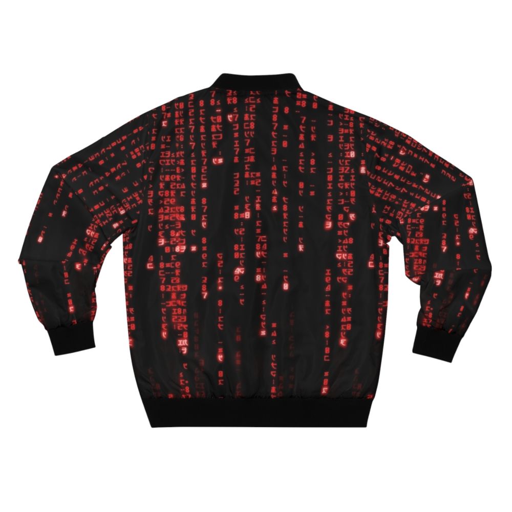 A red bomber jacket featuring a matrix-style binary code graphic design, perfect for tech enthusiasts and fans of futuristic fashion. - Back