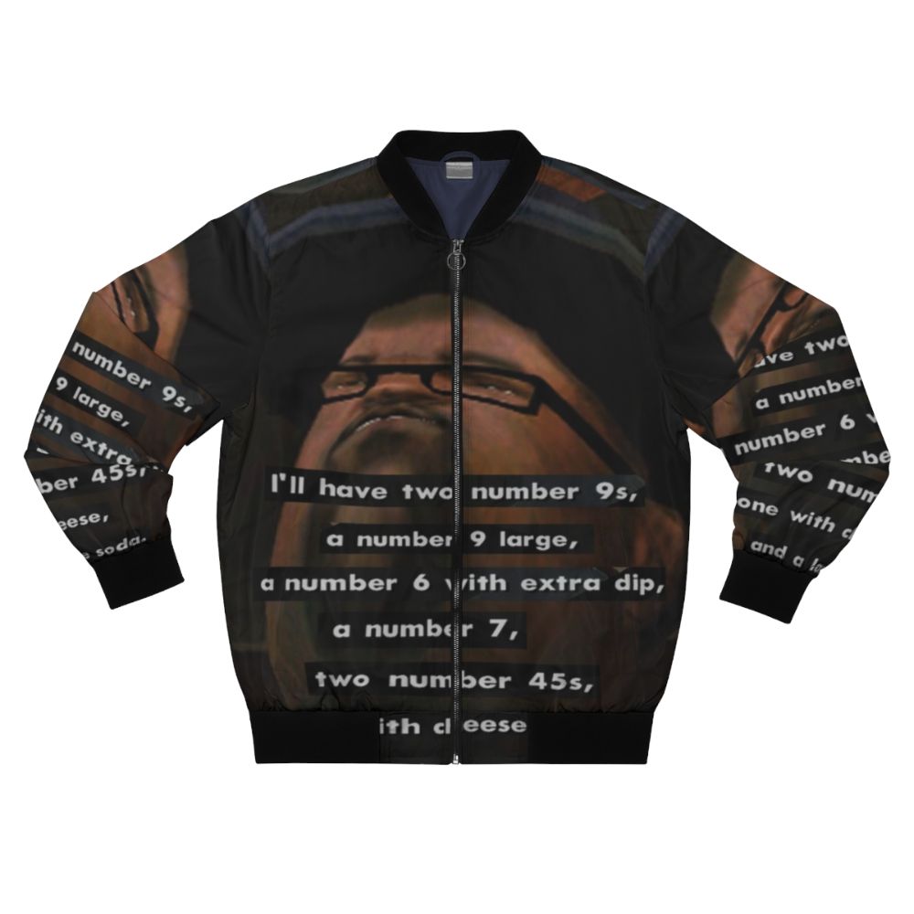 A bomber jacket featuring the iconic "Big Smoke's Order" meme from the video game Grand Theft Auto: San Andreas.