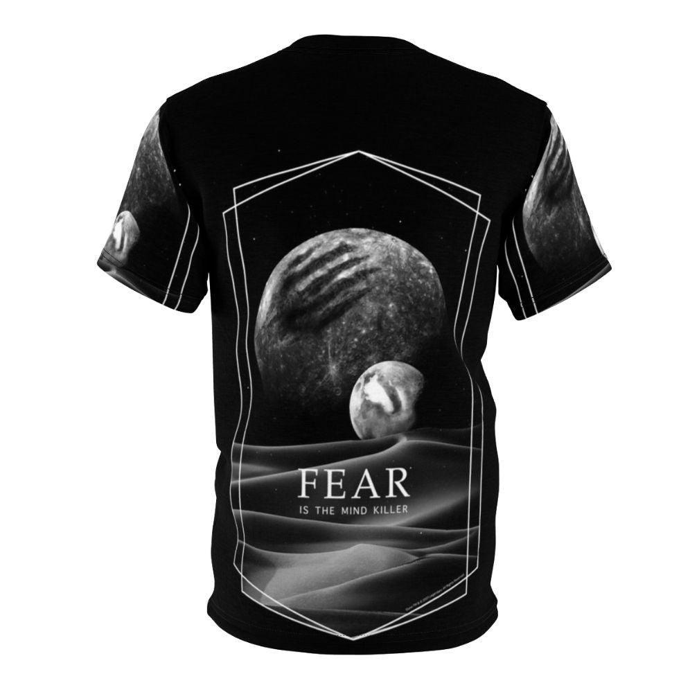 Dune inspired AOP T-shirt featuring the iconic "Fear is the mind killer" quote from the Dune franchise. - Back