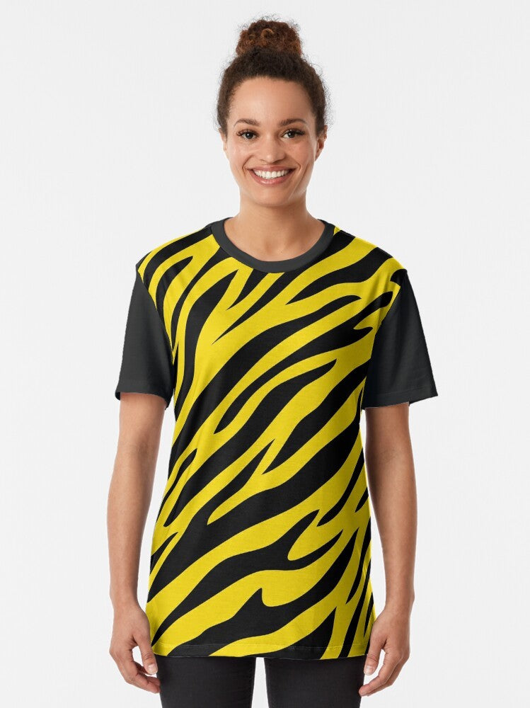 Tiger Stripes Pattern Graphic T-Shirt with a vibrant yellow and black design - Women