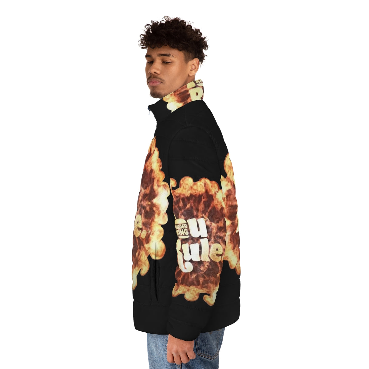 A stylish puffer jacket featuring the "You Rule" Burger King inspired design - men side left