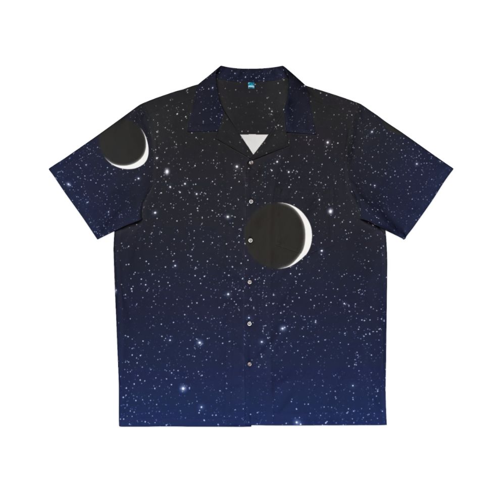 Midnight blue Hawaiian shirt with a starry night sky and crescent moon design