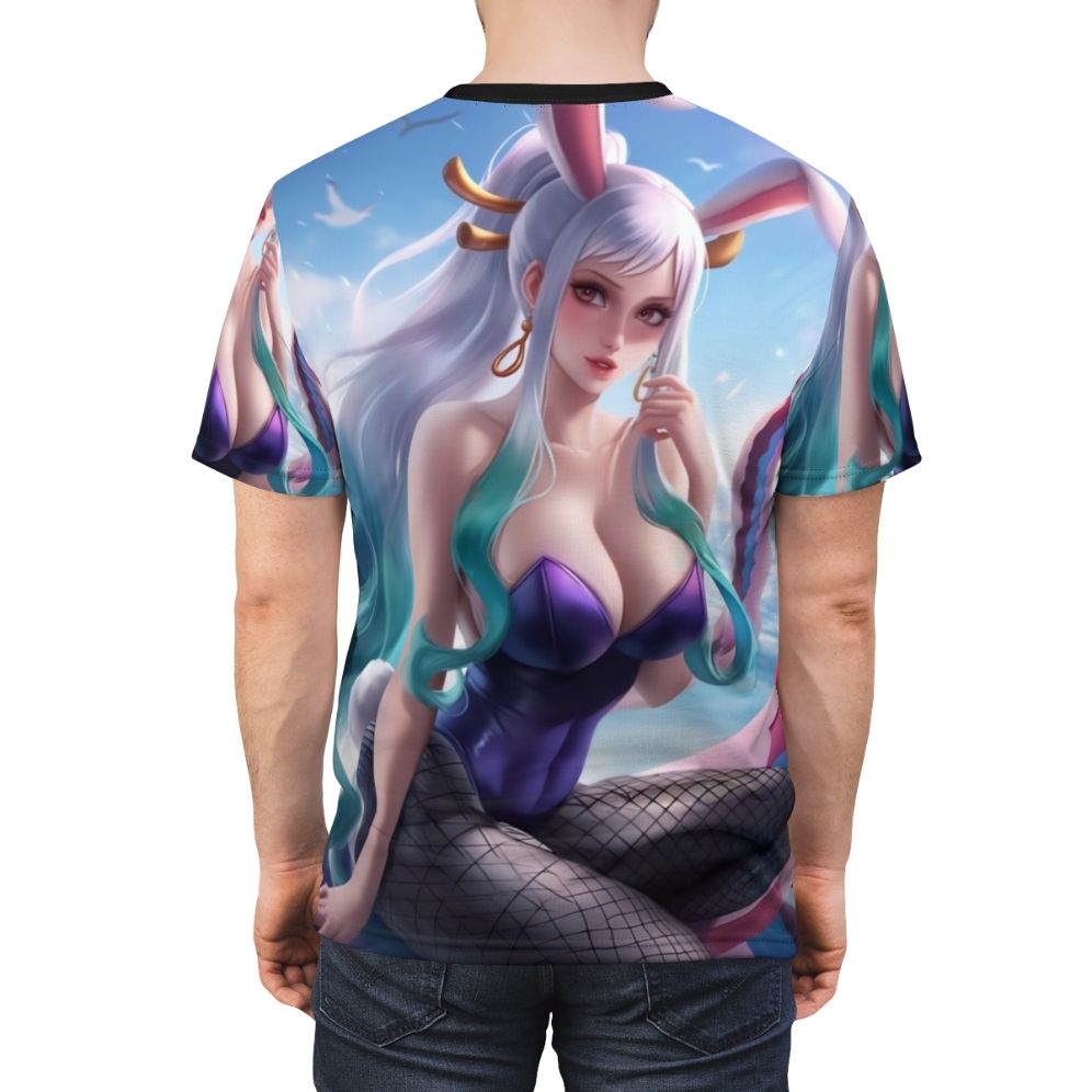 Anime-inspired t-shirt featuring a captivating oni-like character in fishnets and a bunny-themed outfit. - men back