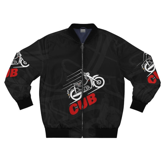 Classic Honda Super Cub motorcycle line art design on a black bomber jacket