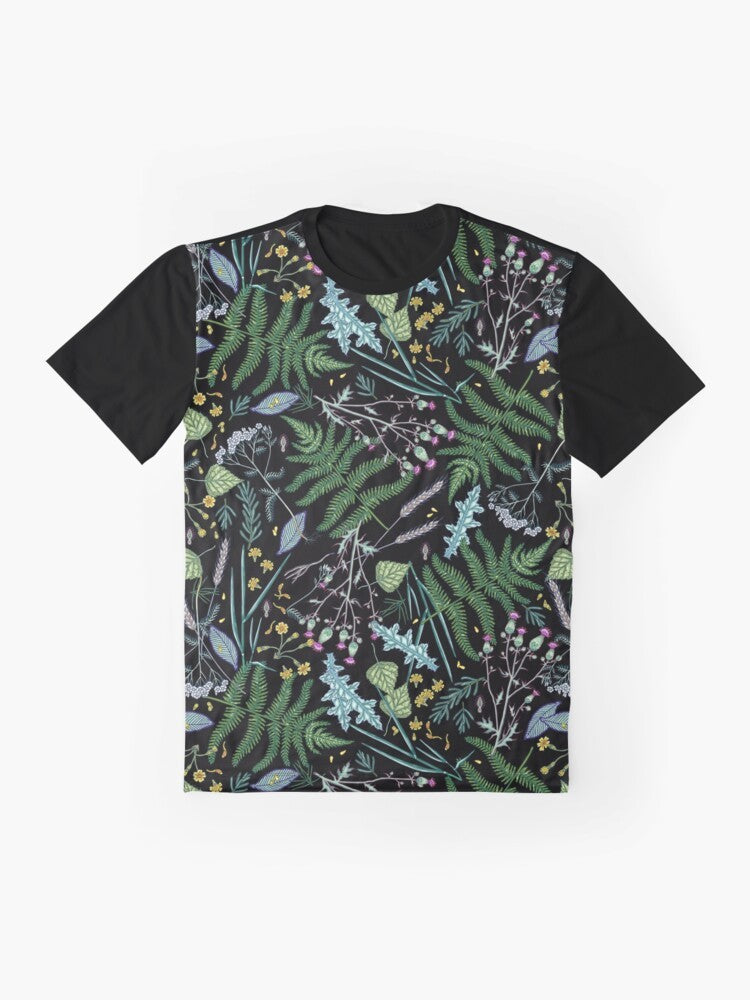 A summer night botanical graphic t-shirt featuring colorful flowers, leaves, and a magical, dreamy design. - Flat lay