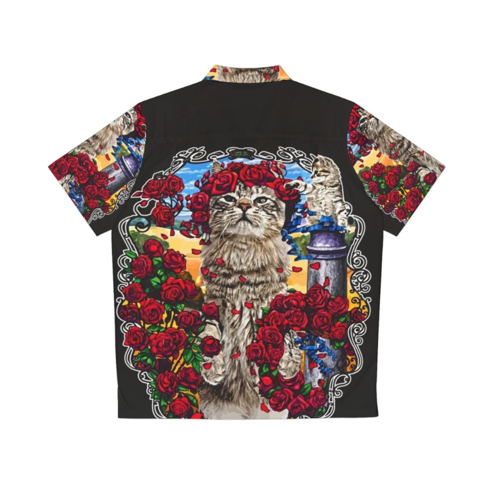 Grateful Cats and Roses Hawaiian Shirt with Skeleton Print - Back