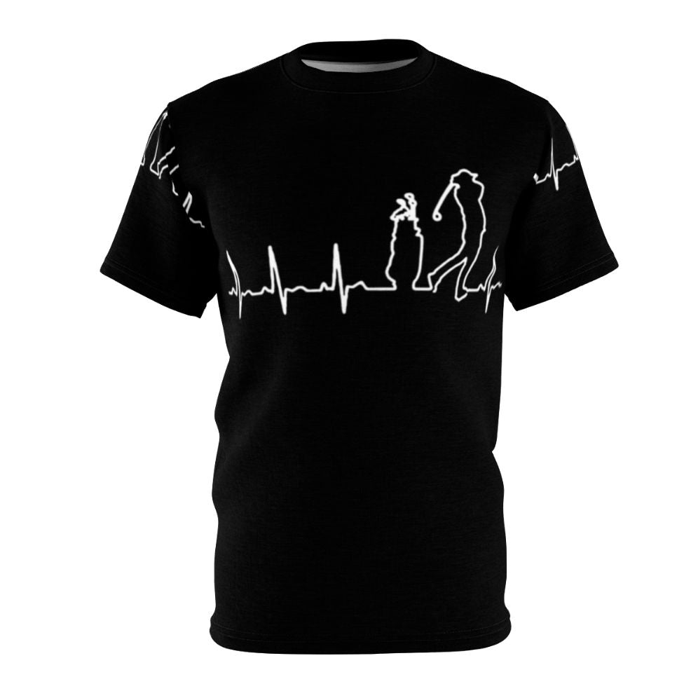 A high-quality t-shirt featuring a golfing heartbeat design, perfect for golf enthusiasts.