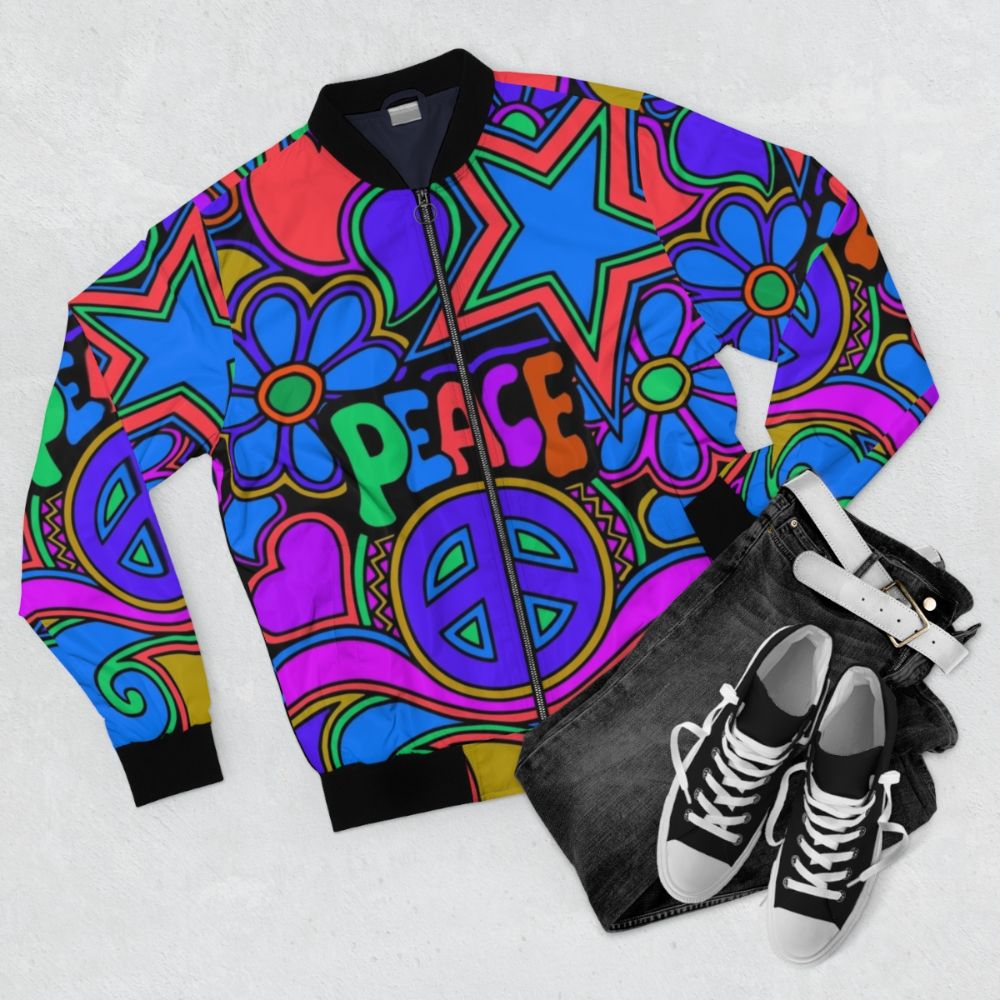 Colorful flower and peace design hippie bomber jacket - Flat lay