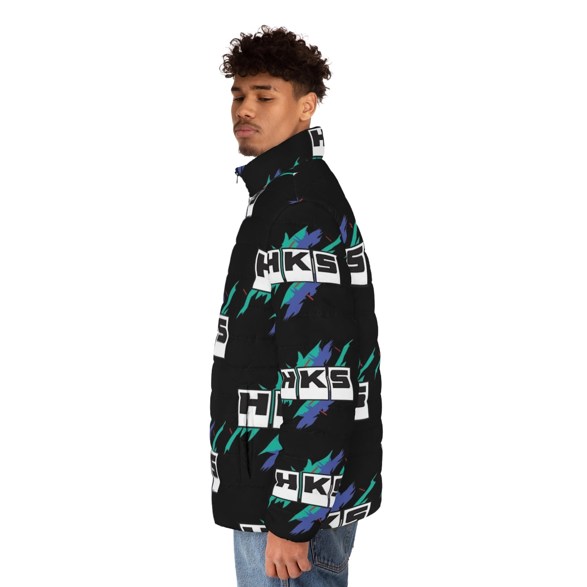 HKS Vintage Puffer Jacket with JDM and Drifting Inspired Graphics - men side left