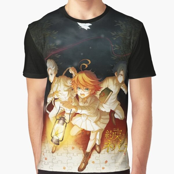 The Promised Neverland [Yakusoku no Nebārando] graphic t-shirt featuring characters Emma, Norman, and Ray