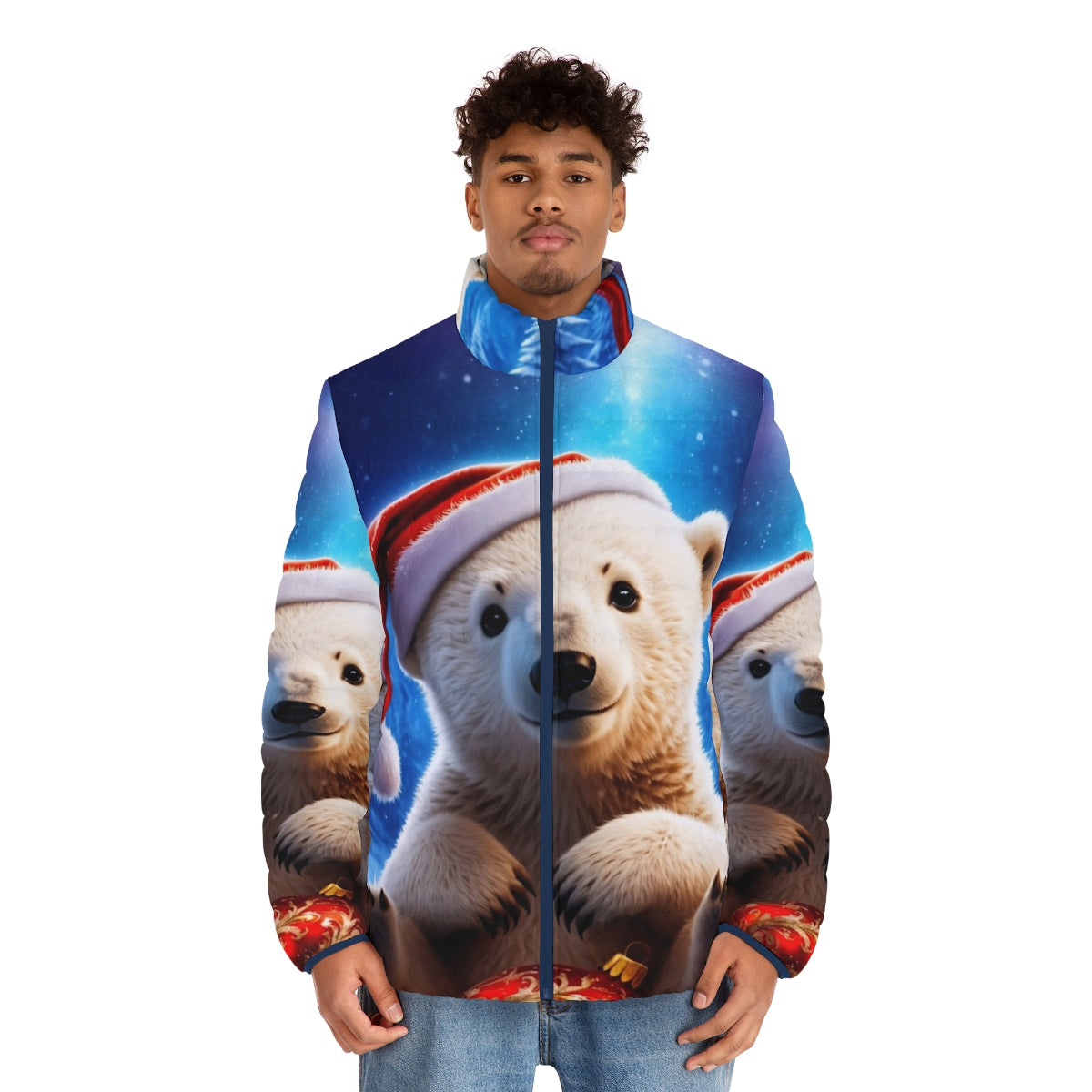 A cozy puffer jacket featuring a adorable polar bear cub in a snowy, enchanted forest scene - men front