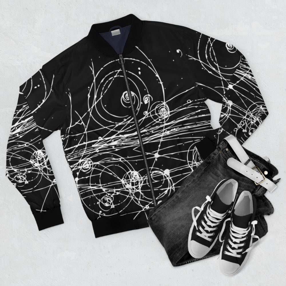 Particle Tracks (Dark) Bomber Jacket - Geek Science Apparel - Flat lay