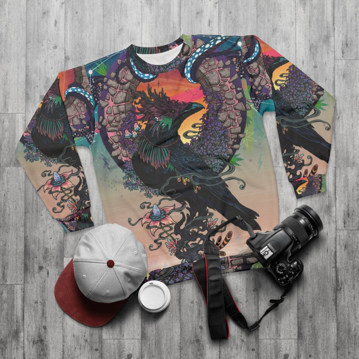 Mystical Oracle Sweatshirt with Psychedelic Occult Design - flat lay