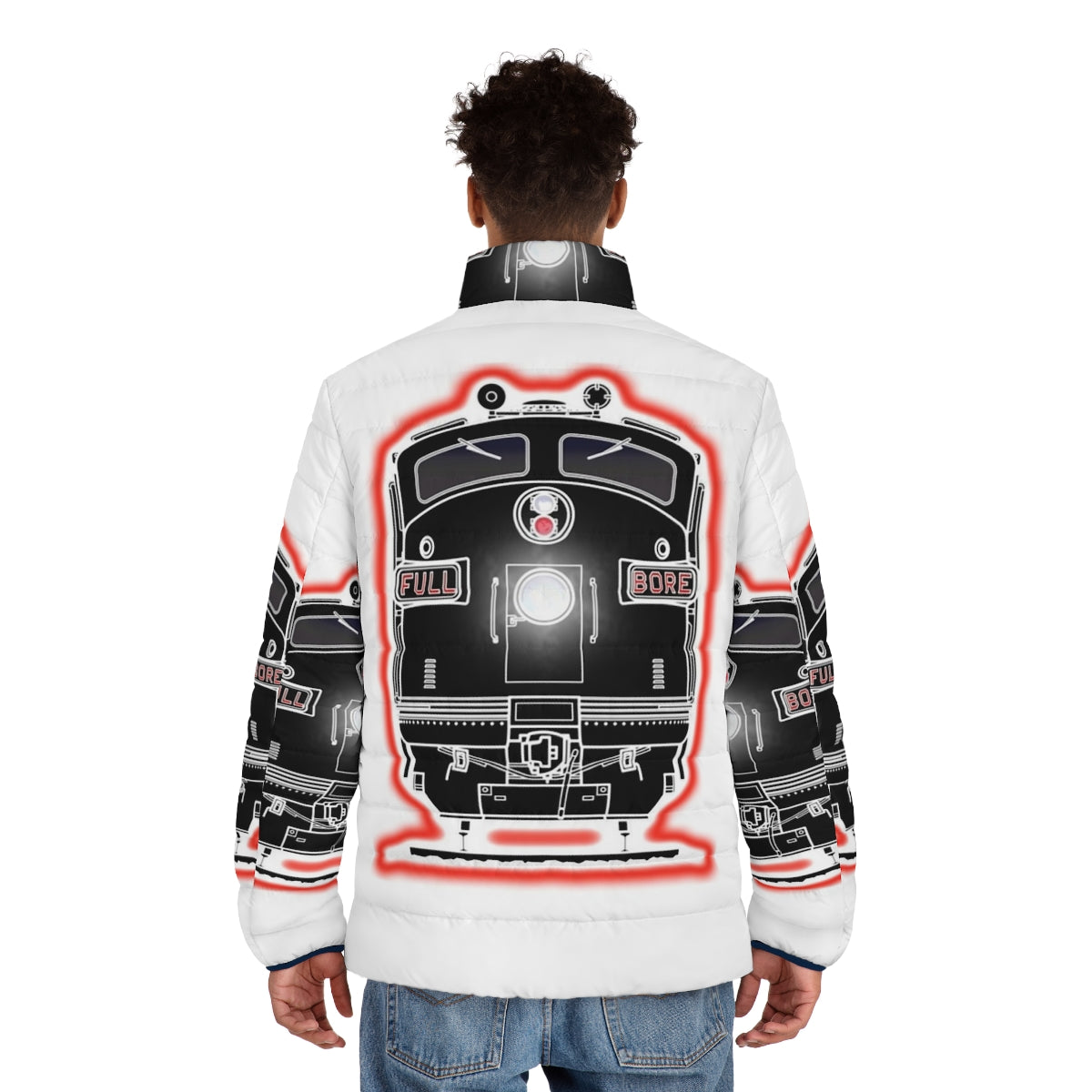 Diesel locomotive puffer jacket with railroad and train graphics - men back