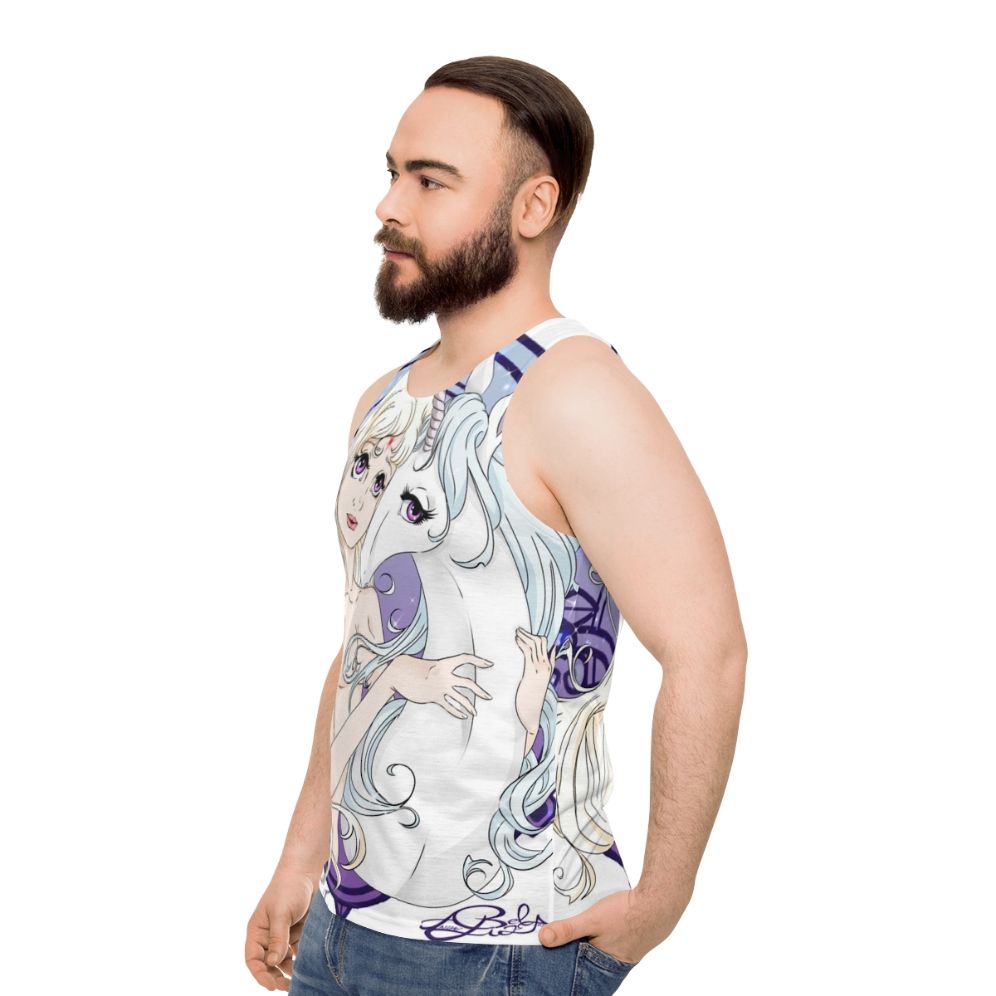 Unisex unicorn tank top featuring two versions of the fantasy classic "The Last Unicorn" - men side