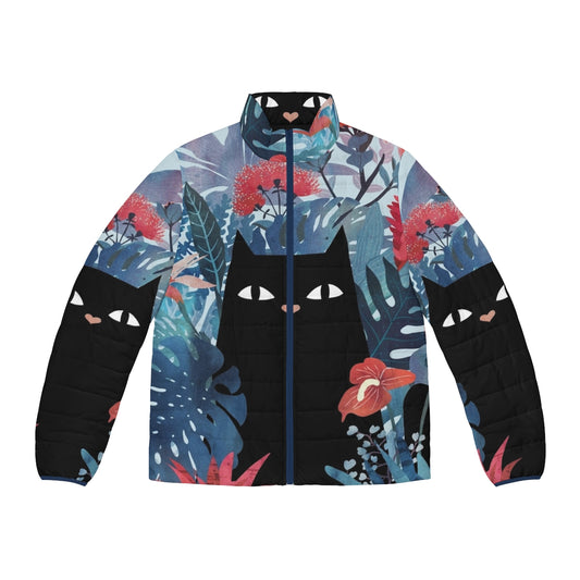 Tropical blue puffer jacket with floral and botanical designs