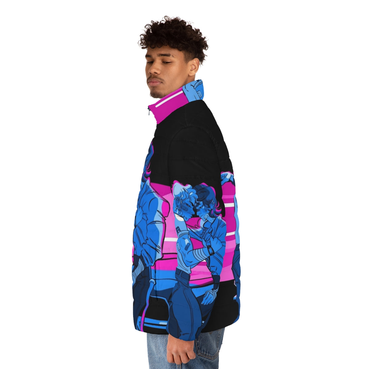 Harringrove-inspired blue puffer jacket with sunset design - men side left