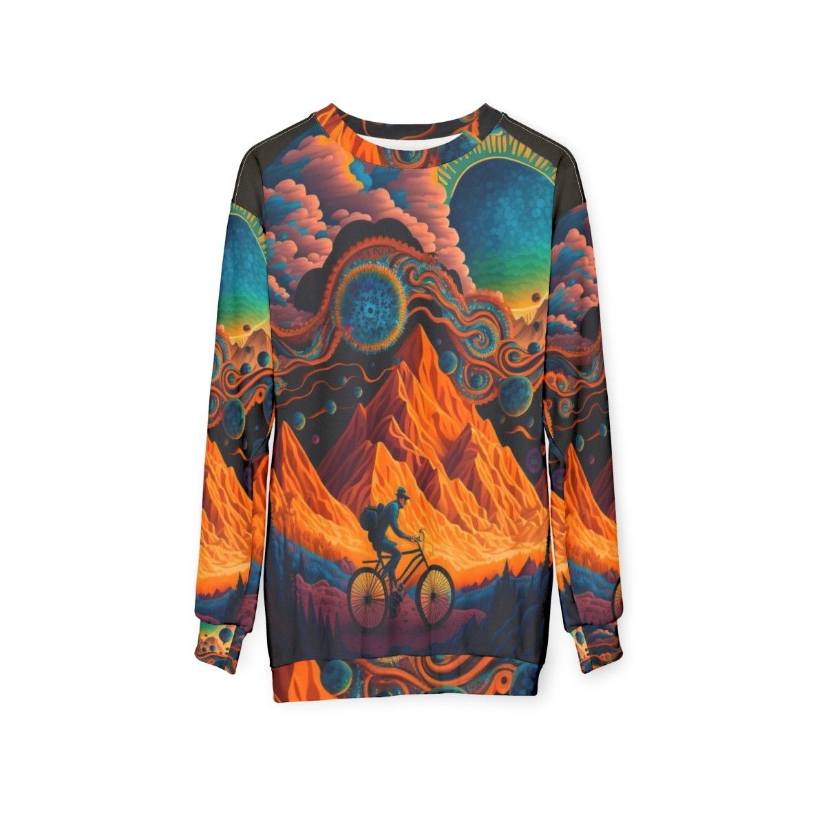 Psychedelic sweatshirt with trippy art design - hanging