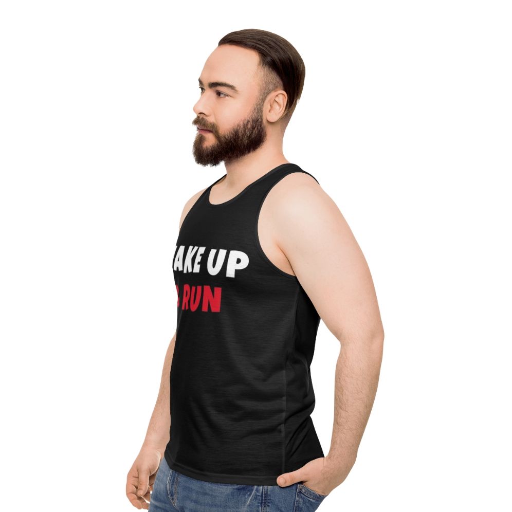 Unisex tank top with "Wake Up and Run" design for fitness and hobbies - men side