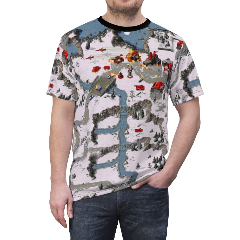 Retro inspired t-shirt featuring a red alert design for fans of the classic command and conquer real-time strategy game - men front