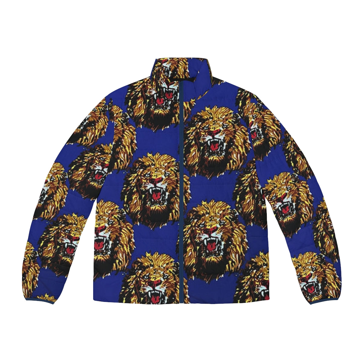 Blue puffer jacket with Isi Agu lion head design