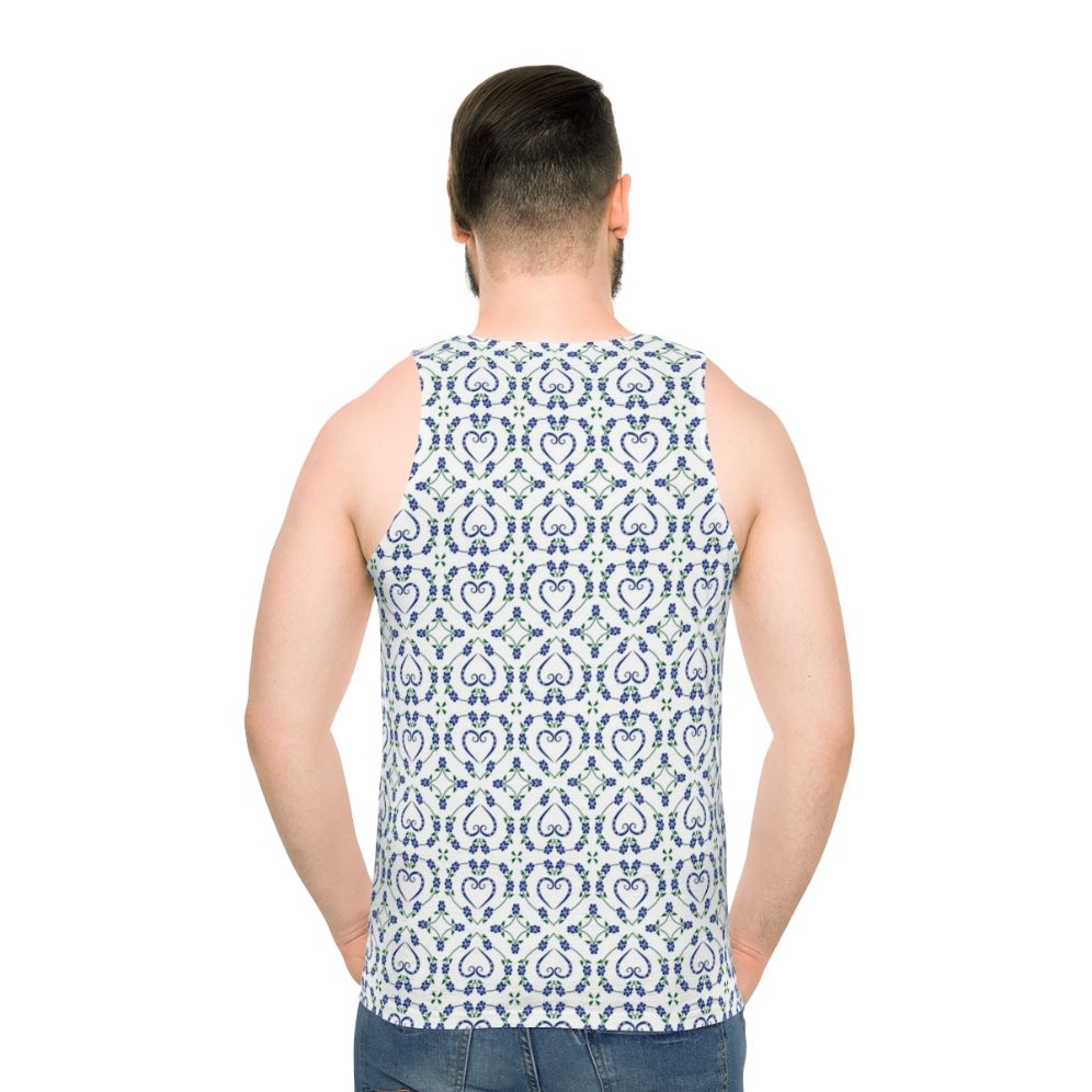 Blue unisex tank top with paw print and heart-shaped floral pattern - men back