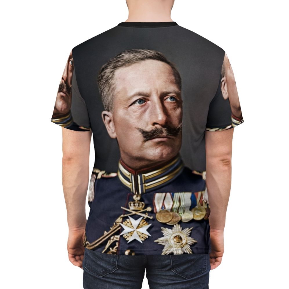 Vintage-style t-shirt with a colorized portrait of Kaiser Wilhelm II, the last emperor of Germany - men back