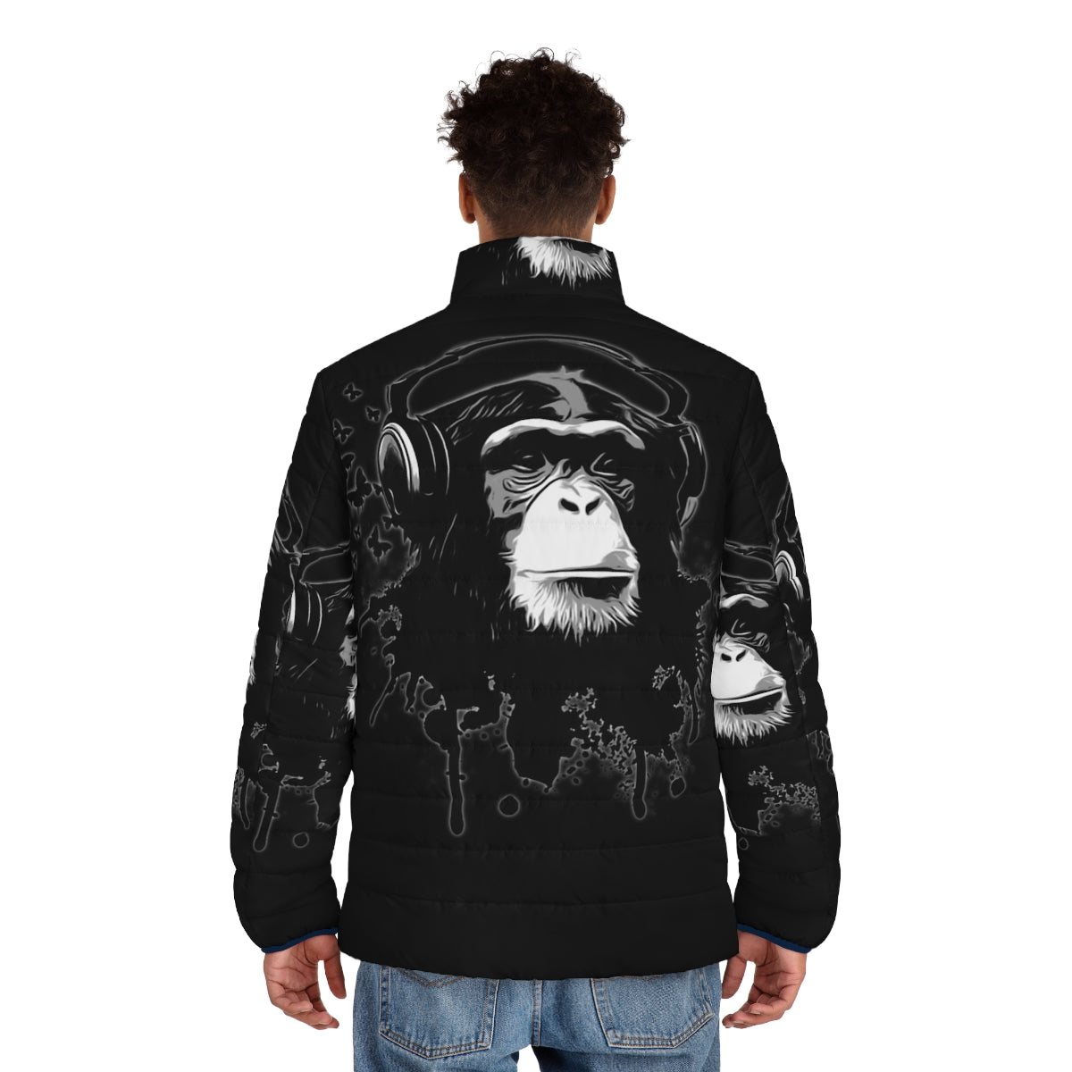 A black puffer jacket with a graffiti-style design and nature-inspired elements like butterflies - men back