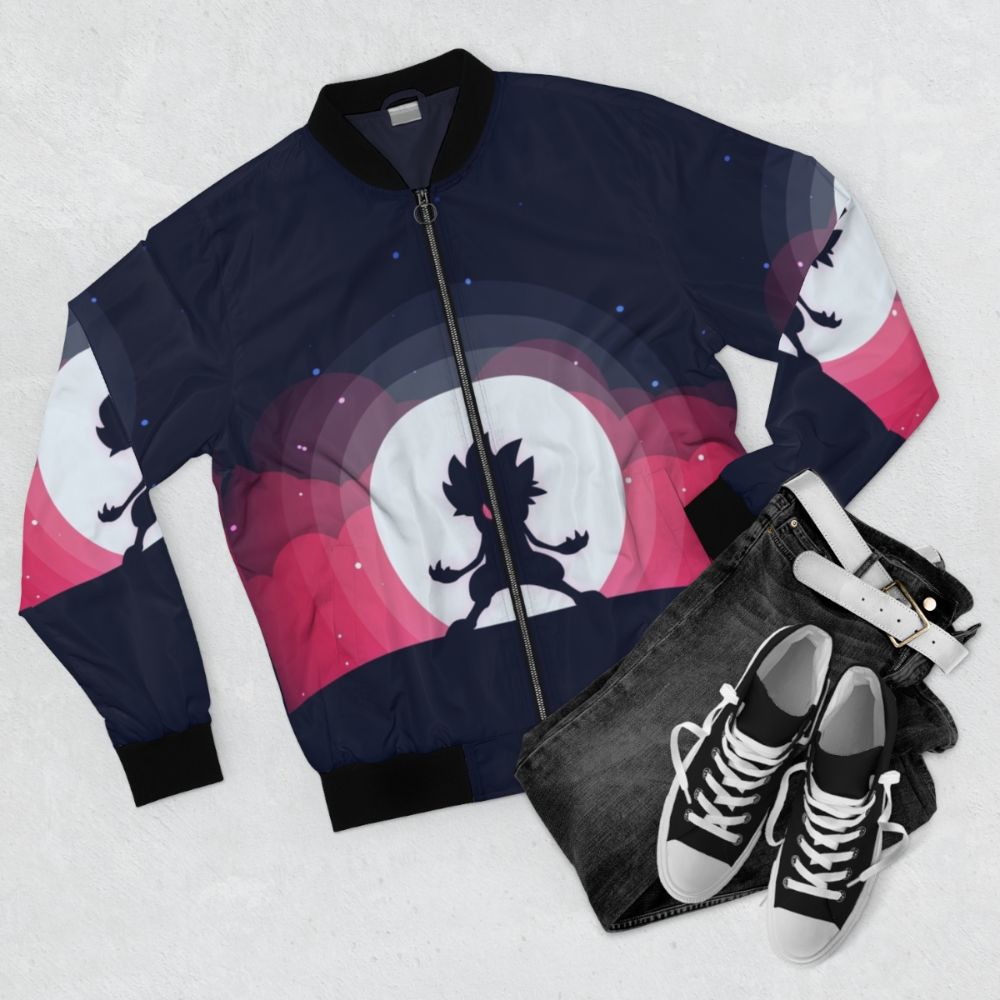 Lycanroc Pokemon Bomber Jacket with Flat Moon Design - Flat lay