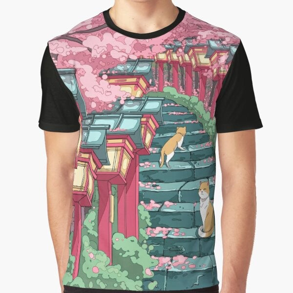 Graphic t-shirt design featuring a Japanese shrine, pink sakura blossoms, and a cute cat