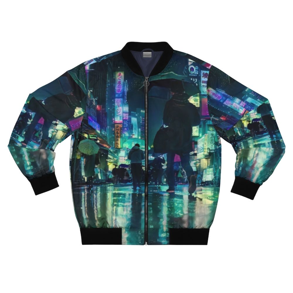 Cyberpunk-inspired bomber jacket featuring a rainy cityscape of Tokyo at night with neon lights, skyscrapers, and a dystopian, vaporwave-esque atmosphere.