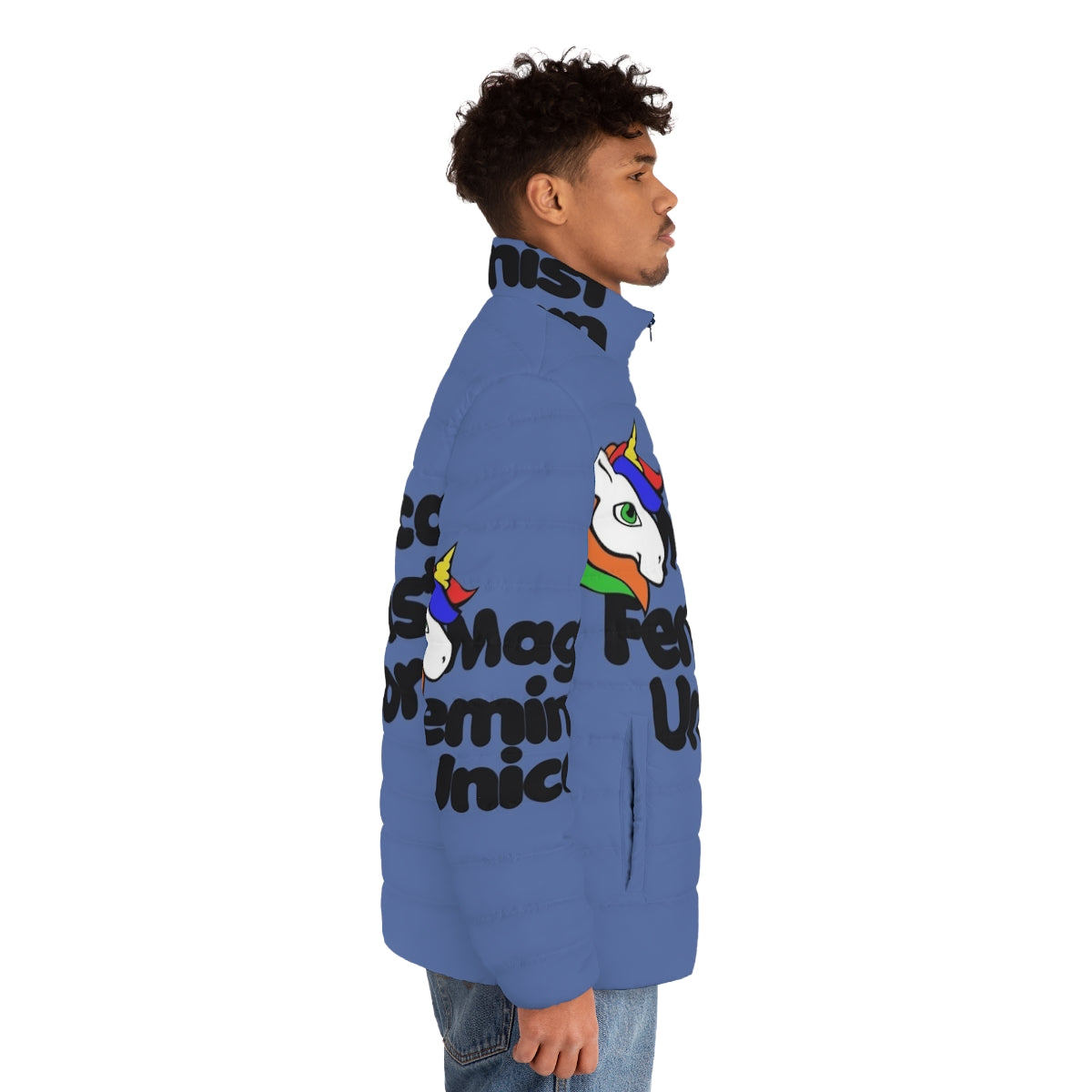 A colorful and whimsical puffer jacket featuring a magical unicorn design - men side right