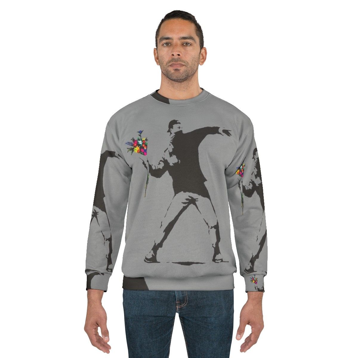 Banksy inspired sweatshirt featuring protester throwing flowers graphic - men