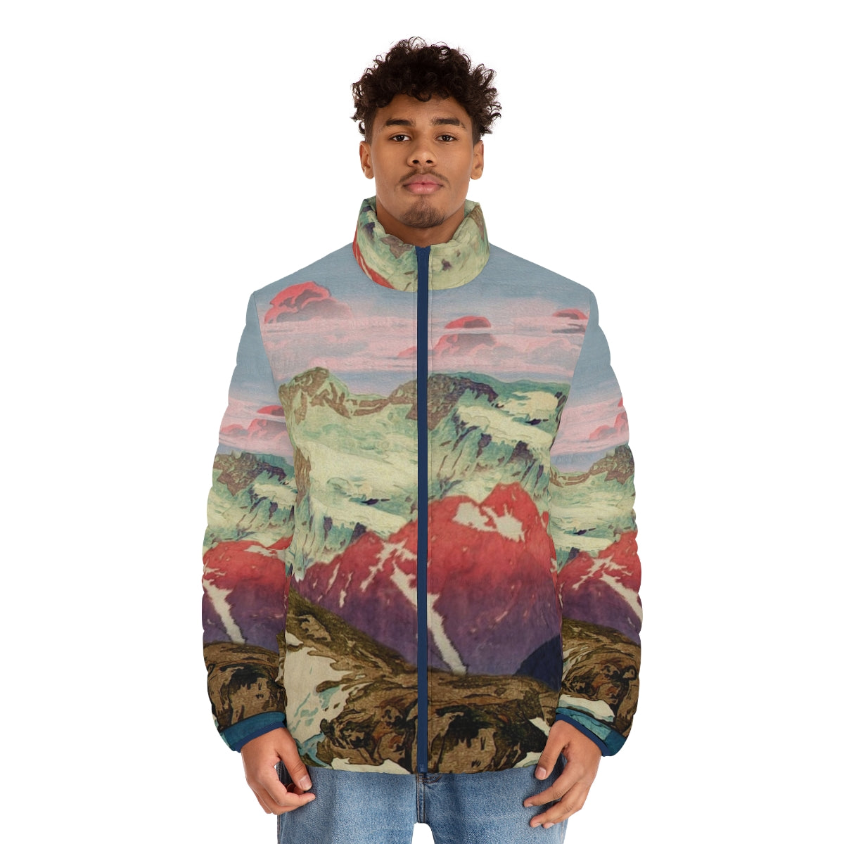 Keiisino Japanese Landscape Puffer Jacket featuring a winter nature scene with mountains, snow, and sunset colors - men front