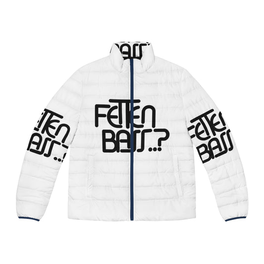 Black puffer jacket with dubstep-inspired typography