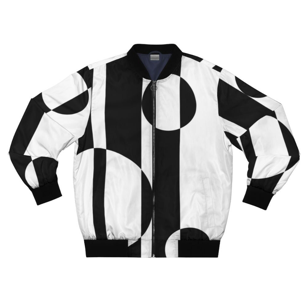 Retro 1960s black and white op art bomber jacket with geometric patterns and color block design