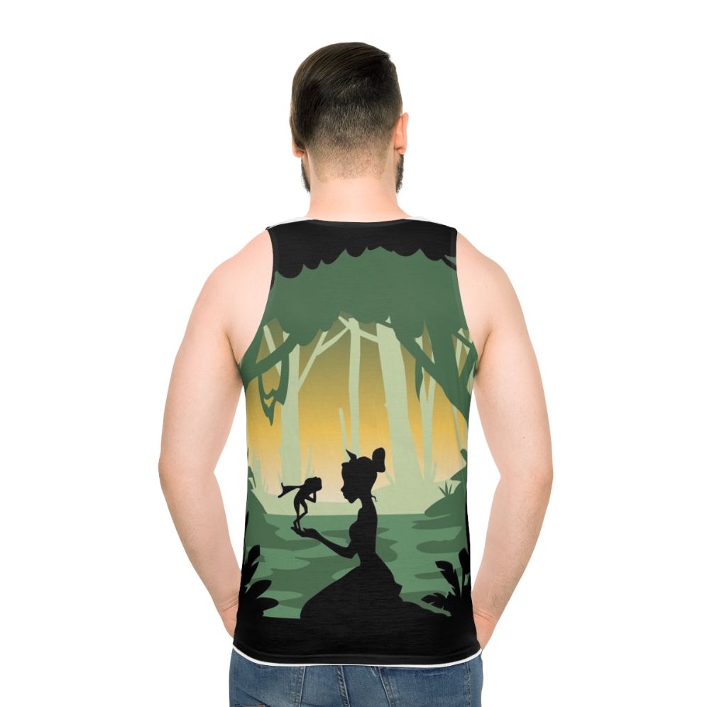 Minimal poster design of The Princess And The Frog movie on a unisex tank top - men back