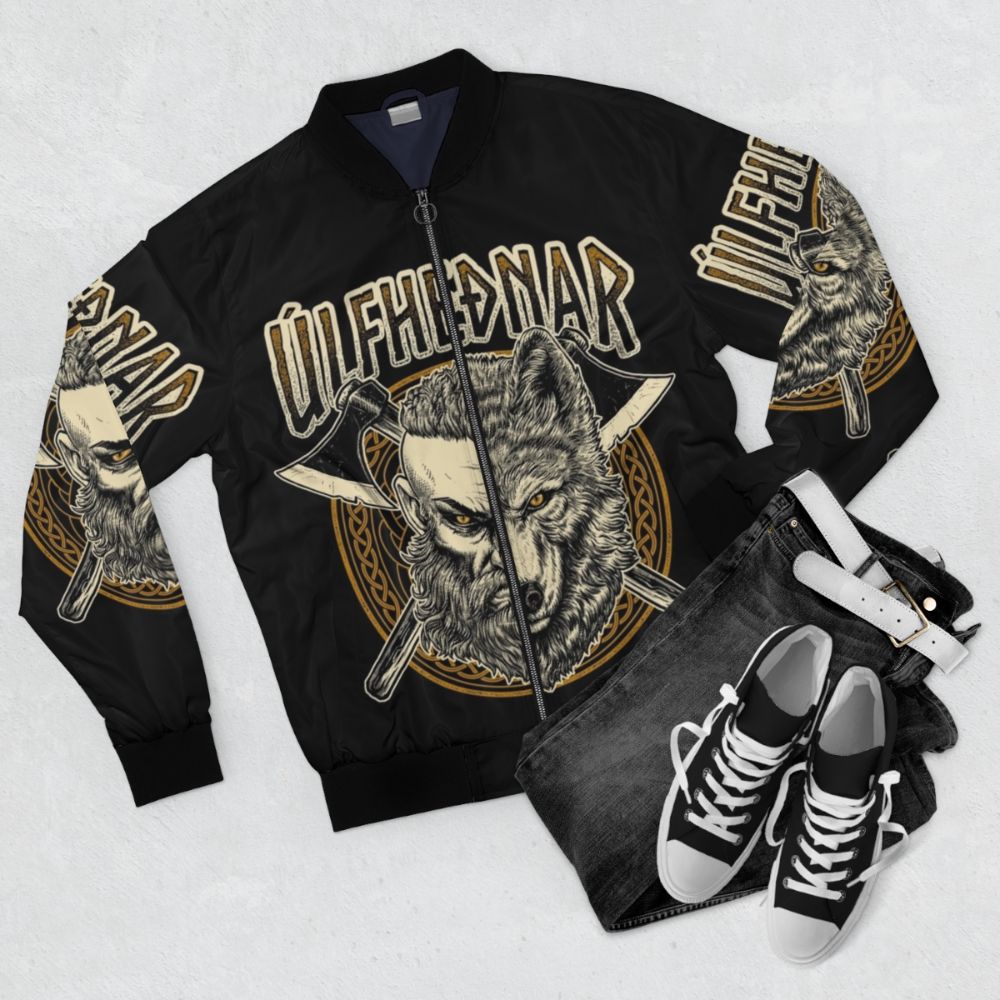 Viking wolf ulfhednar Norse pagan warrior bomber jacket featuring runes and mythology - Flat lay