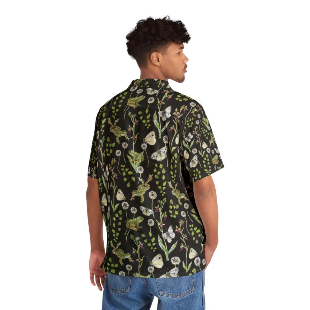 Springtime Frogs and Orchids Hawaiian Shirt featuring a watercolor design of frogs, orchids, and nature elements - People Back