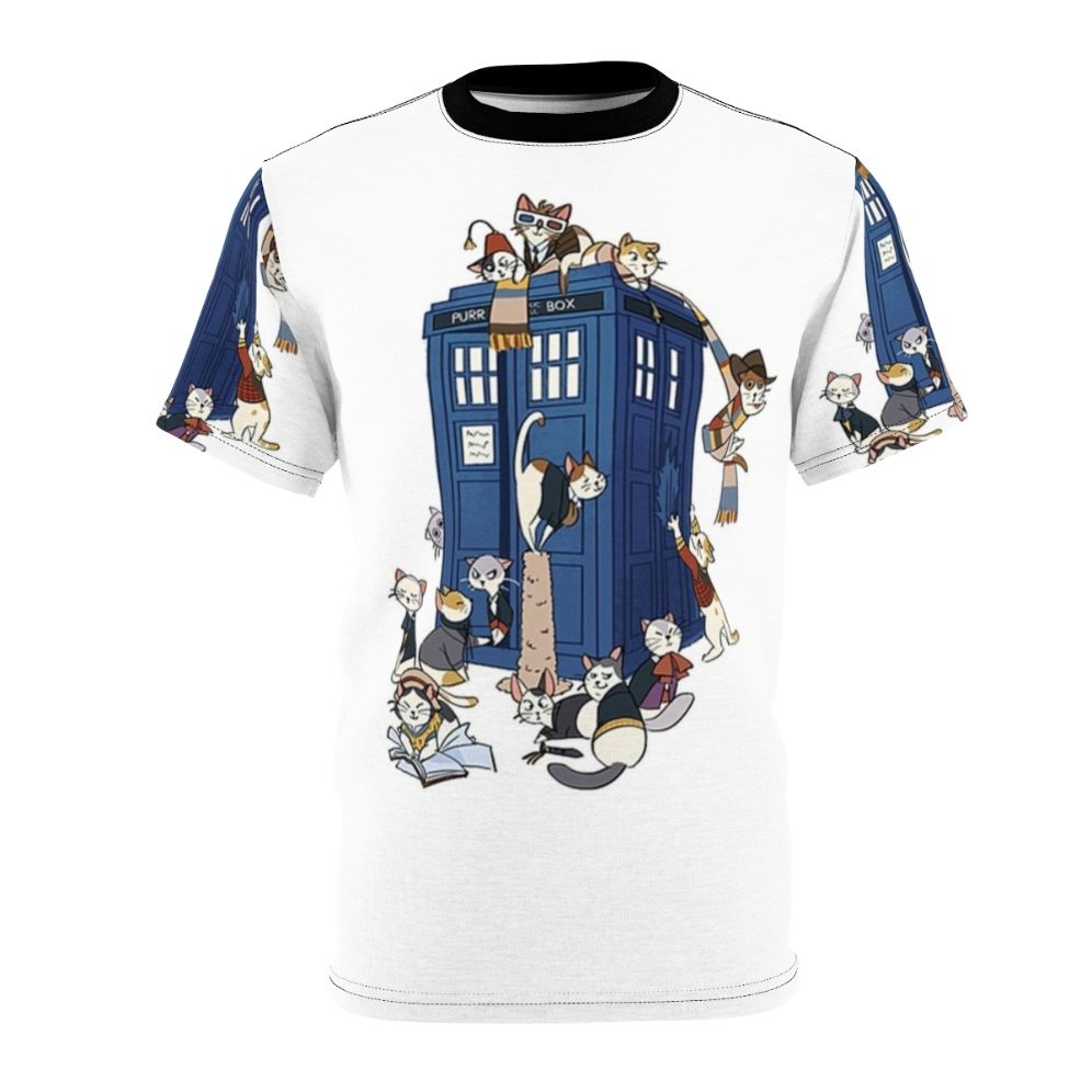 Whimsical t-shirt design featuring a cat dressed as the iconic Time Lord from the Doctor Who series