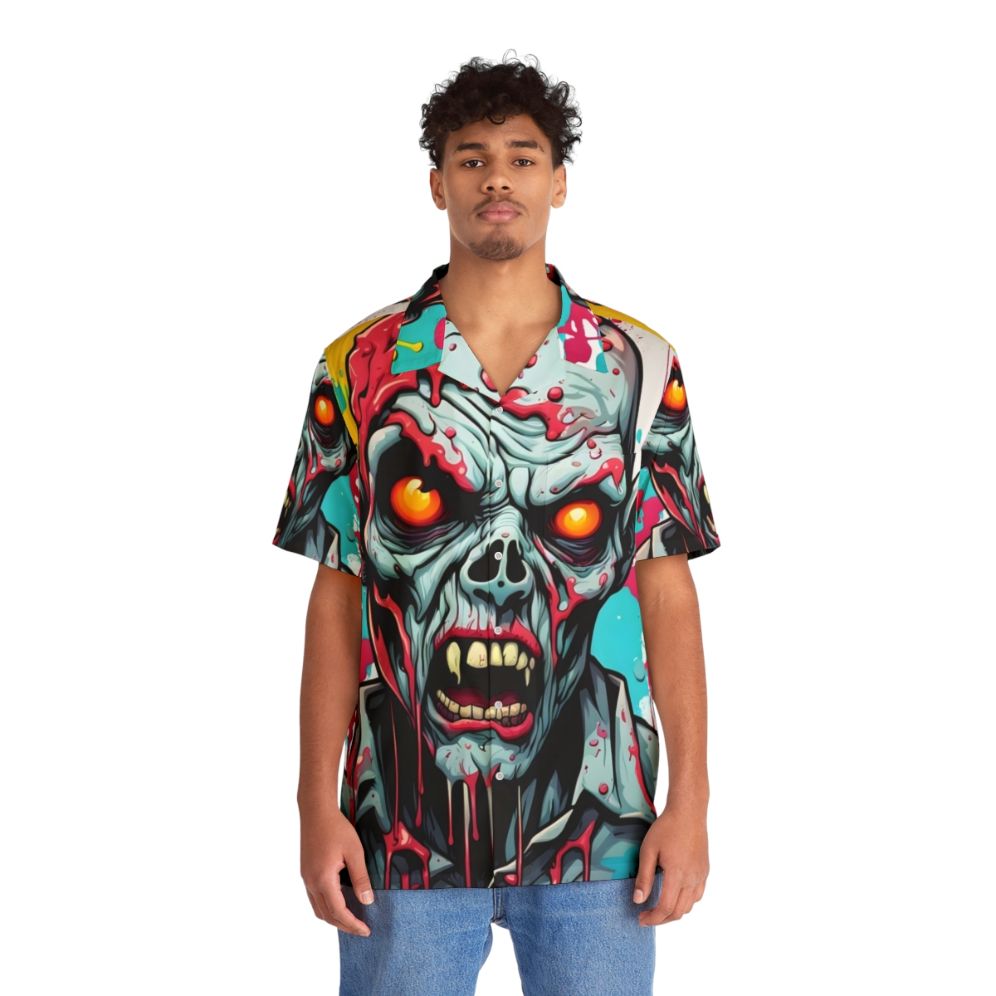 Chaotic Zombie Hawaiian Shirt featuring a colorful paint drip zombie design - People Front