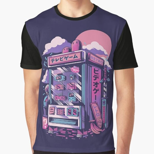 Retro gaming machine graphic t-shirt with pixel art design featuring joystick, vending machine, and 80s neon colors.