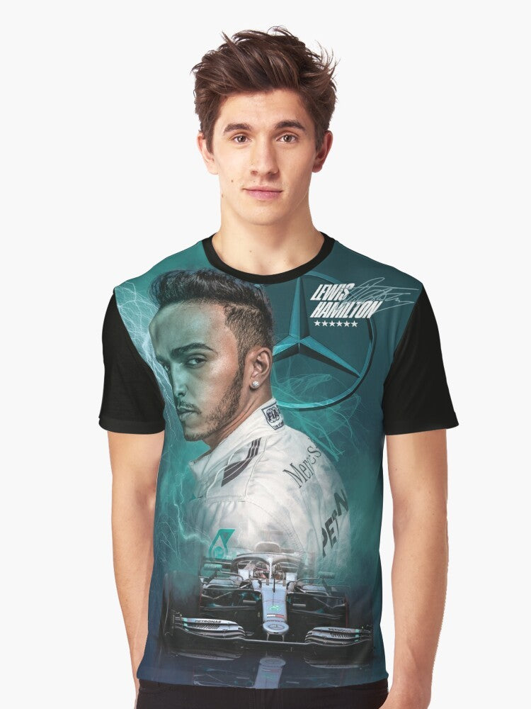 Lewis Hamilton wearing a Mercedes Formula 1 racing t-shirt with a graphic design - Men